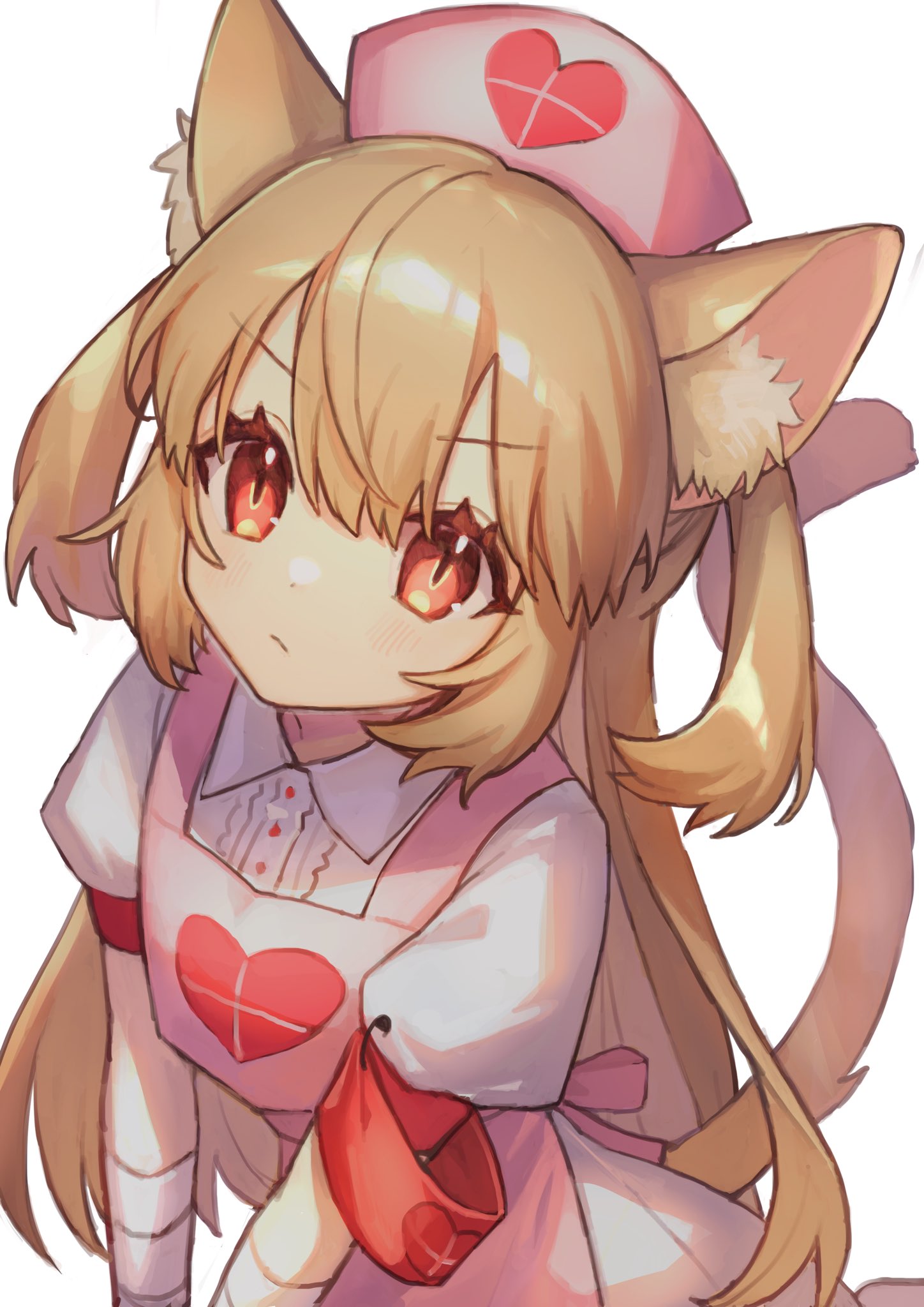 1girl animal_ear_fluff animal_ears apron armband bandaged_wrist bandages blonde_hair cat_ears cat_tail center_frills closed_mouth collared_dress commentary dress frills hat heart heart_print highres kemonomimi_mode long_hair looking_at_viewer natori_sana nurse_cap pink_apron pink_headwear puffy_short_sleeves puffy_sleeves red_armband red_eyes safety_pin sana_channel short_sleeves simple_background solo tail two_side_up v-shaped_eyebrows v_arms virtual_youtuber white_background white_dress zumi_tiri