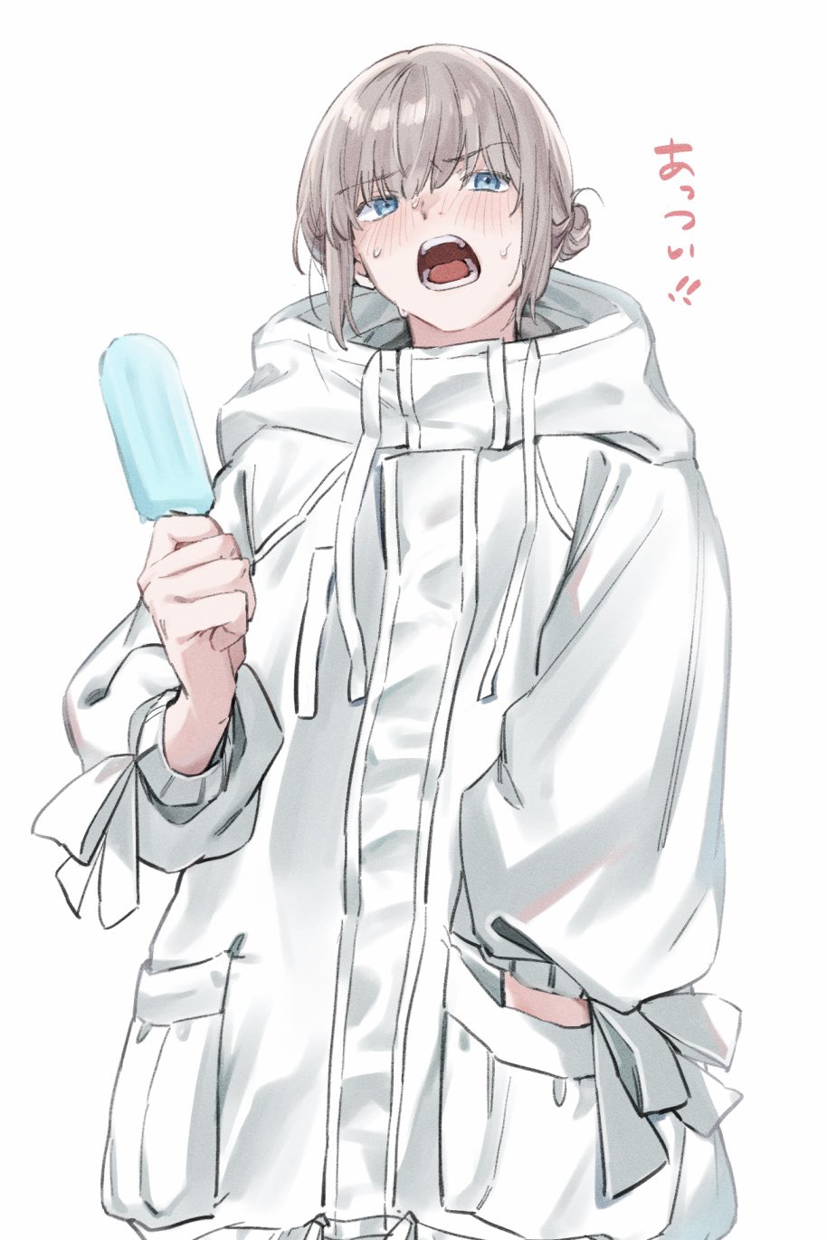 1boy blue_eyes blush coat fate/grand_order fate_(series) food grey_hair hair_between_eyes hand_in_pocket highres holding holding_food hot long_sleeves male_focus oberon_(fate) open_mouth popsicle sausu_hitori simple_background solo sweat white_background white_coat