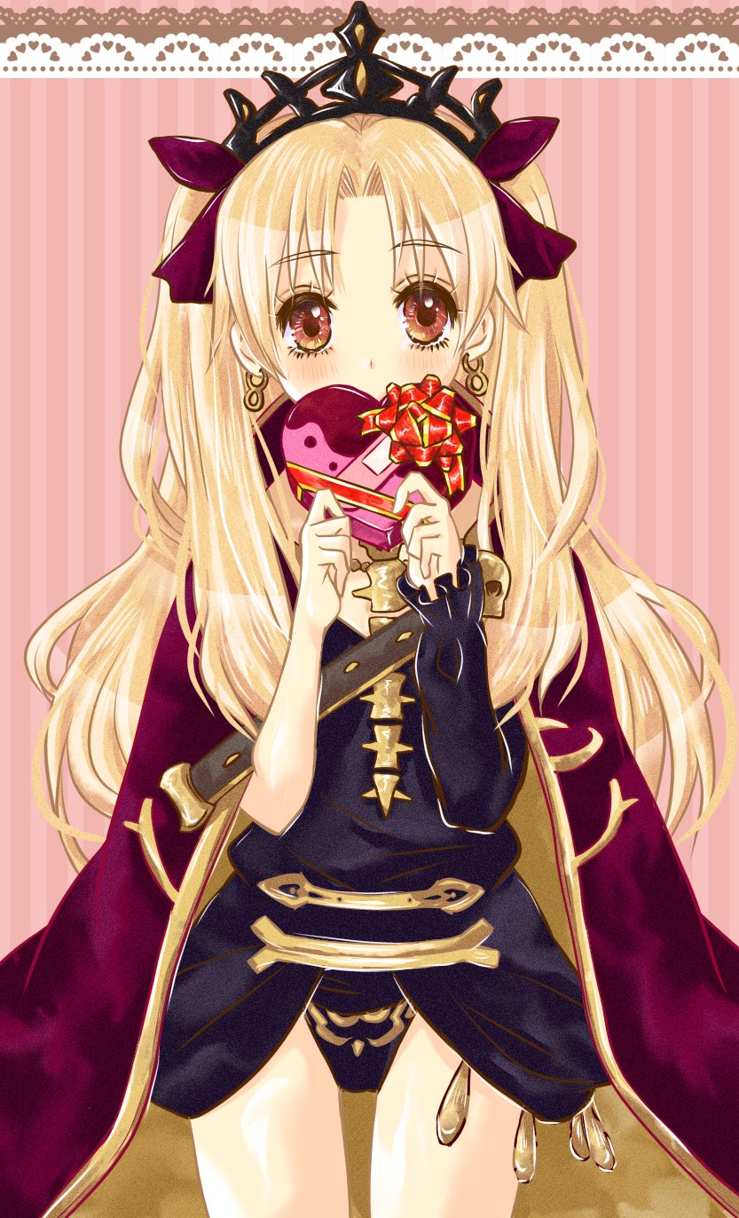 1girl asymmetrical_sleeves black_dress blonde_hair box brown_eyes cloak cowboy_shot dress earrings ereshkigal_(fate) fate/grand_order fate_(series) gift gift_box heart-shaped_box highres holding holding_gift jewelry long_hair looking_at_viewer red_cloak short_dress single_sleeve solo tiara two_side_up uneven_sleeves yamuimo yellow_cloak