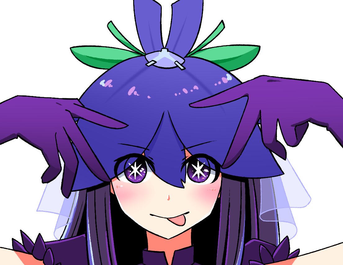 1girl double_v flower flower_on_head flower_ornament gloves hoshino_ai's_pose looking_at_viewer net oshi_no_ko purple_gloves purple_headwear solo star-shaped_pupils star_(symbol) symbol-shaped_pupils tongue tongue_out touhou unfinished_dream_of_all_living_ghost v violet_eyes white_background yomotsu_hisami