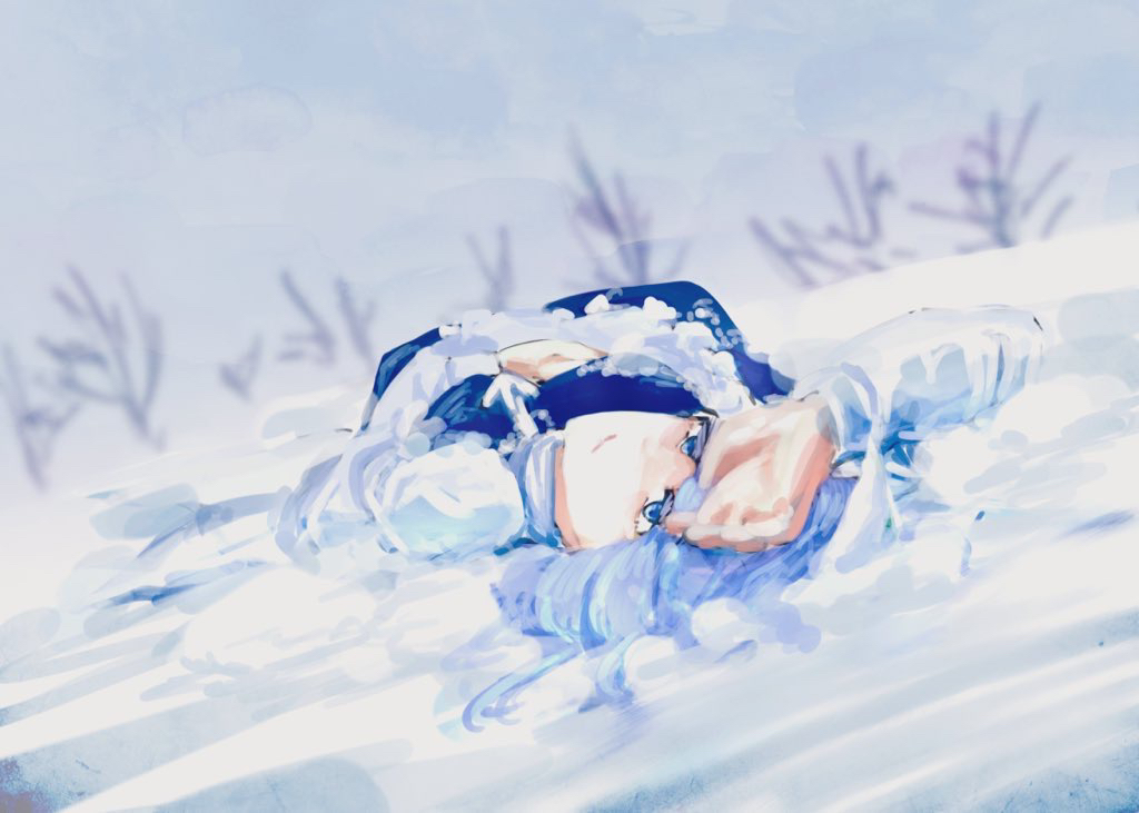 1girl bare_tree blue_eyes blue_hair blurry blurry_background koyane_(silver81106) letty_whiterock looking_at_viewer lying on_back one-hour_drawing_challenge sky snow snow_on_body solo touhou tree white_sky