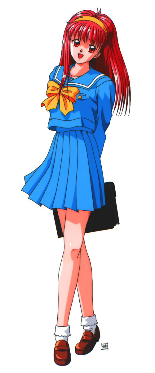 1990s_(style) arms_behind_back blue_skirt briefcase brown_footwear fujisaki_shiori full_body hairband holding holding_briefcase loafers long_hair long_sleeves looking_at_viewer miniskirt non-web_source official_art open_mouth pleated_skirt red_eyes redhead retro_artstyle school_briefcase school_uniform shoes simple_background skirt standing tokimeki_memorial tokimeki_memorial_1 white_background
