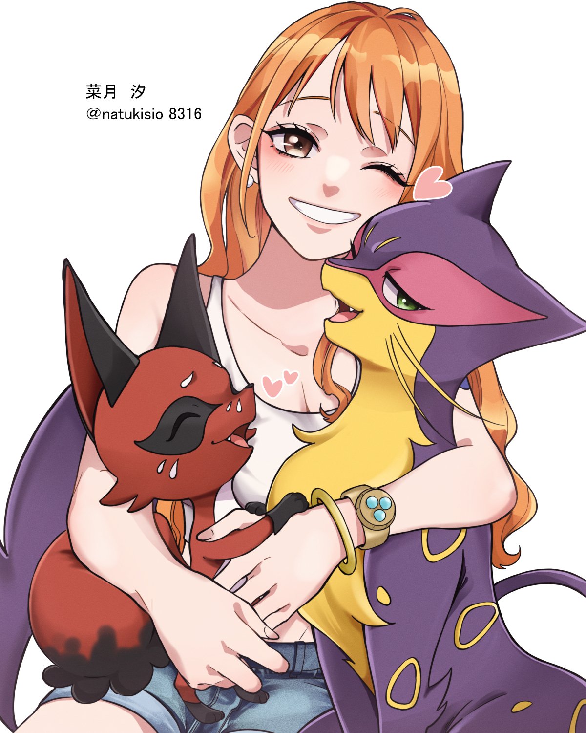 1girl animal_hug bangle bare_shoulders blue_shorts bracelet brown_eyes collarbone commentary_request crossover earrings heart highres holding holding_pokemon jewelry liepard light_blush log_pose long_hair looking_at_viewer nami_(one_piece) natsuki_shio nickit one_eye_closed one_piece orange_hair parted_lips pearl_earrings pokemon pokemon_(creature) purple_fur red_fur short_shorts shorts smile tank_top twitter_username white_background white_tank_top