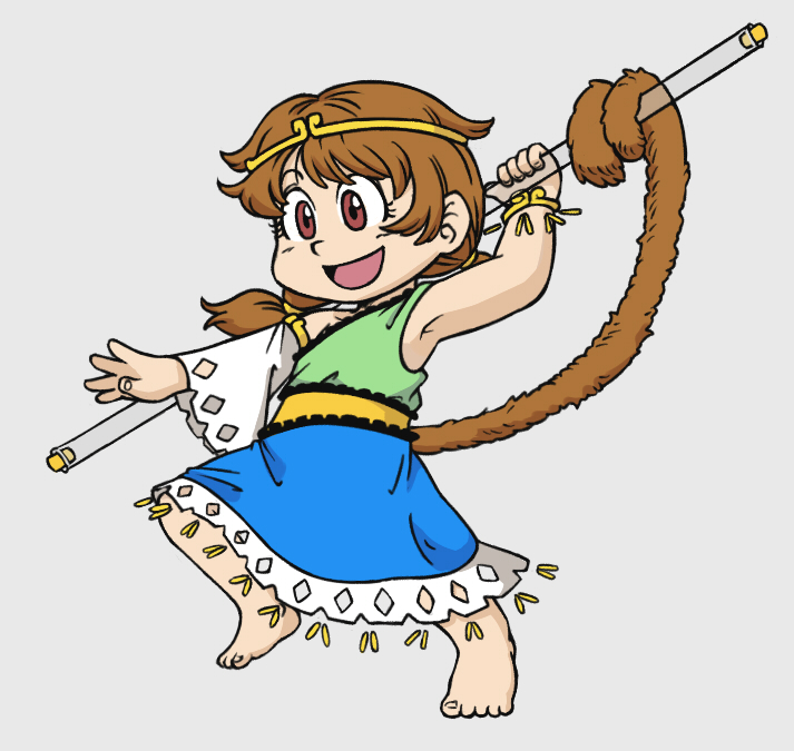 1girl :d bare_shoulders barefoot brown_eyes brown_hair circlet detached_sleeves dragon_ball dragon_ball_(classic) dress edgycat full_body grey_background holding holding_weapon low_twintails monkey_tail multicolored_clothes multicolored_dress open_mouth ruyi_jingu_bang simple_background single_detached_sleeve sleeveless sleeveless_dress smile solo son_biten tail touhou twintails unfinished_dream_of_all_living_ghost weapon white_sleeves
