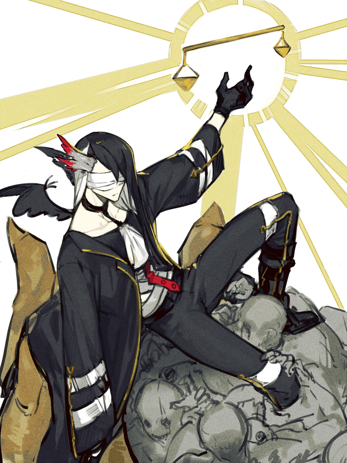 1boy ascot balance_scale bandages bandages_over_eyes black_choker black_coat black_footwear black_gloves black_hair black_pants black_wings boots choker closed_mouth coat gloves head_wings judgement_bird light lobotomy_corporation long_hair long_sleeves male_focus mini_wings nishikujic pants personification pile_of_corpses project_moon solo very_long_hair weighing_scale white_ascot wings