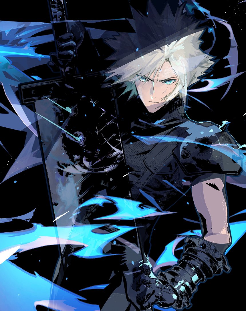 1boy armor black_background black_gloves blonde_hair blue_eyes buster_sword closed_mouth cloud_strife cofffee final_fantasy final_fantasy_vii final_fantasy_vii_remake gloves holding holding_sword holding_weapon huge_weapon light_particles looking_at_viewer male_focus ribbed_sweater serious short_hair shoulder_armor sleeveless sleeveless_turtleneck solo spiky_hair suspenders sweater sword turtleneck turtleneck_sweater upper_body weapon