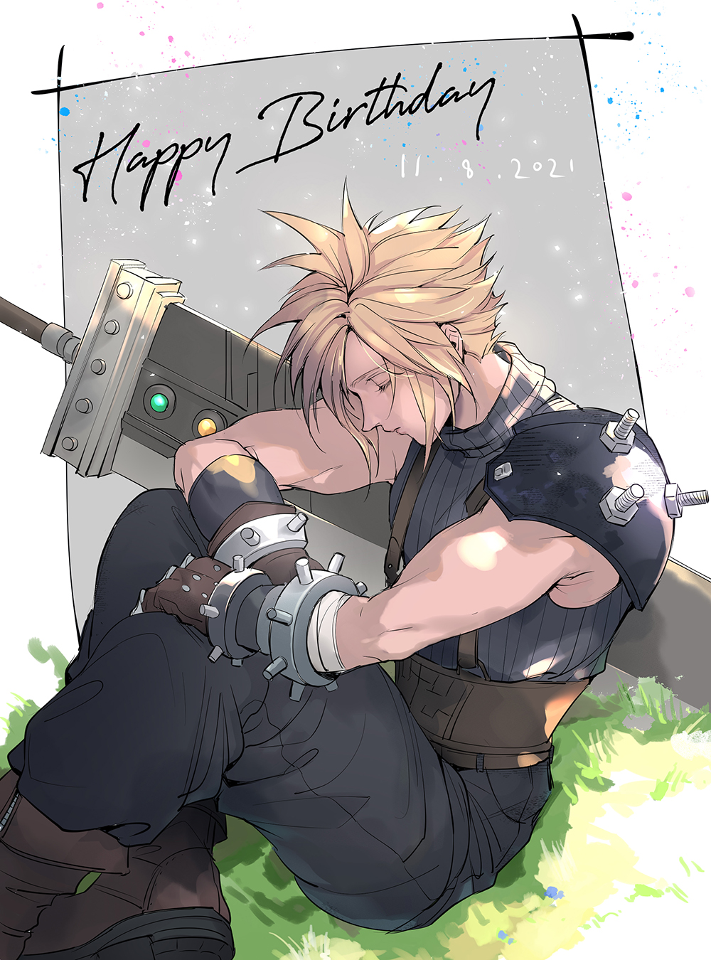 1boy armor blonde_hair blue_pants blue_sweater boots brown_footwear brown_gloves buster_sword closed_eyes closed_mouth cloud_strife crossed_legs dated final_fantasy final_fantasy_vii final_fantasy_vii_remake gloves grass happy_birthday highres huge_weapon knees_up male_focus materia mugikoma pants profile ribbed_sweater short_hair shoulder_armor single_bare_shoulder sitting sleeping sleeveless sleeveless_turtleneck solo spiky_hair suspenders sweater sword turtleneck turtleneck_sweater weapon