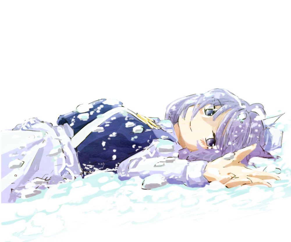 1girl bare_tree blue_eyes blue_hair koyane_(silver81106) letty_whiterock looking_at_viewer lying on_back sky snow snow_on_body solo touhou tree white_background white_sky