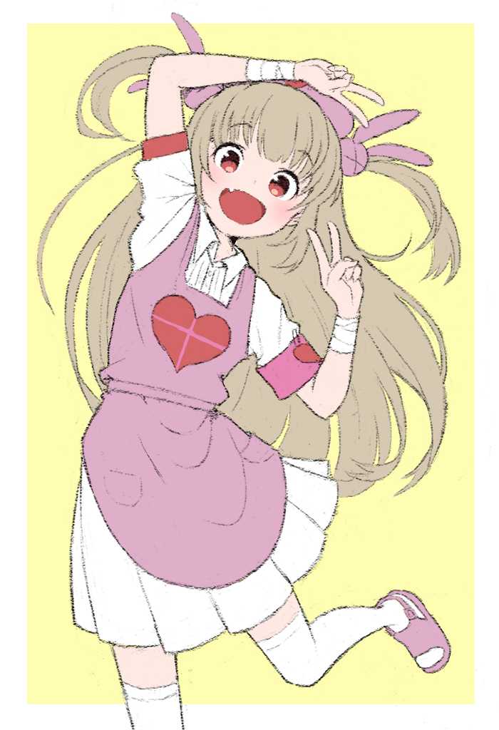 &gt;_&lt; 1girl :d apron arm_up bandaged_wrist bandages blush collared_dress commentary_request double_v dress fang hair_ornament hand_up hat heart heart_print light_brown_hair long_hair looking_at_viewer natori_sana nurse_cap open_mouth pink_apron pink_footwear pink_headwear puffy_short_sleeves puffy_sleeves rabbit_hair_ornament red_eyes sana_channel short_sleeves skin_fang slippers smile solo standing standing_on_one_leg thigh-highs two_side_up v virtual_youtuber white_dress white_thighhighs youhei777king
