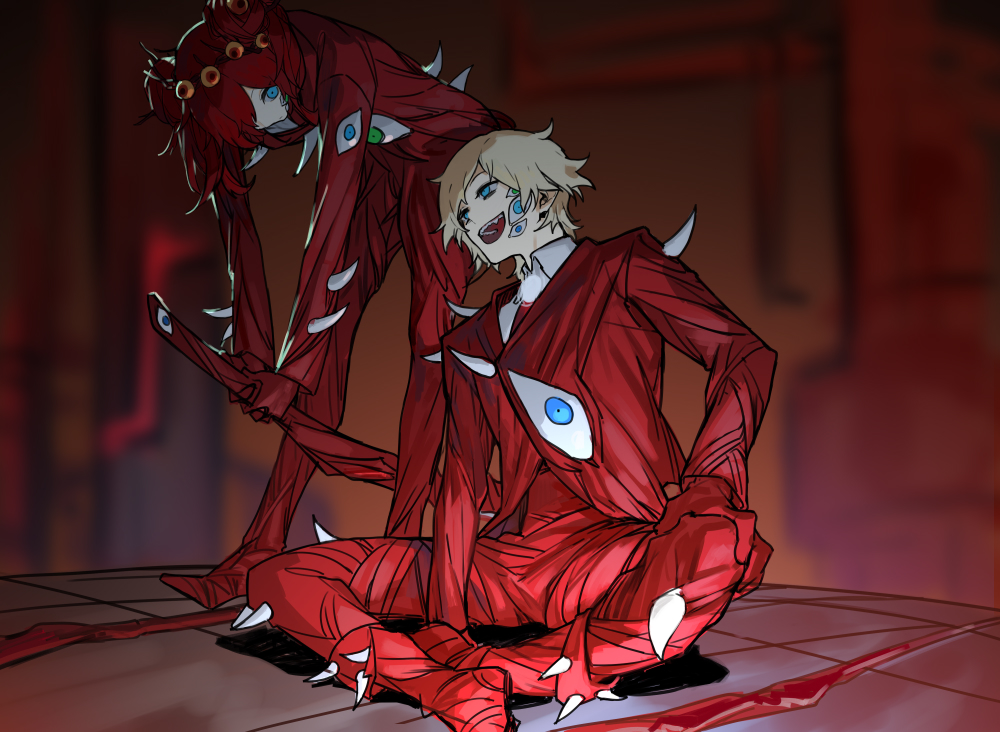 1boy 1girl bodysuit boots closed_mouth crossed_legs double_bun e.g.o_(project_moon) employee_(lobotomy_corporation) extra_eyes gloves hair_bun holding holding_sword holding_weapon horns indoors jacket lobotomy_corporation long_sleeves looking_to_the_side nishikujic open_mouth pants project_moon red_bodysuit red_footwear red_gloves red_jacket red_pants sidelocks smile sword teeth weapon