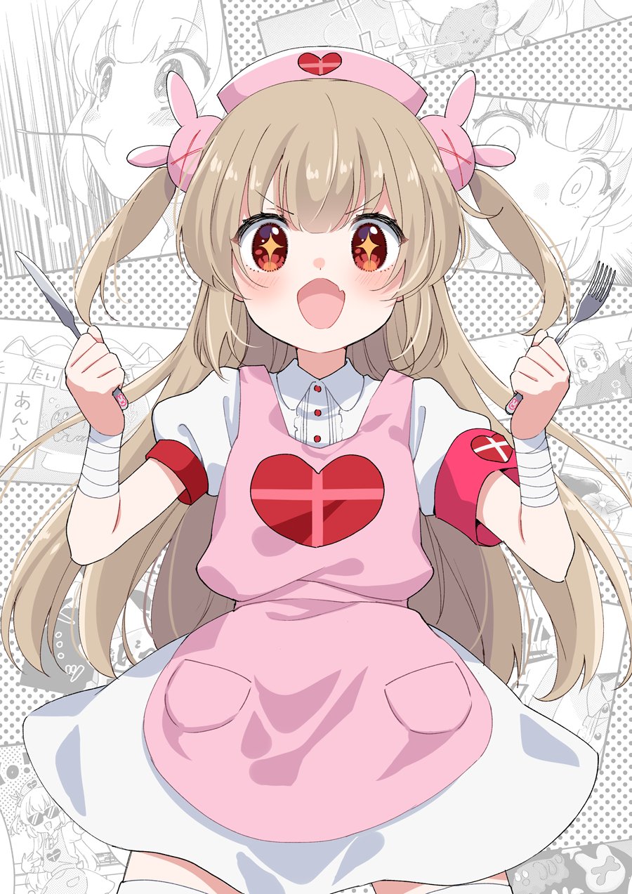 &gt;_&lt; 1girl :d apron armband bandaged_arm bandaged_wrist bandages blush center_frills collared_dress commentary_request cowboy_shot dress fang fork frills hair_ornament hands_up hat heart heart_print highres holding holding_fork holding_knife ica knife light_brown_hair long_hair looking_at_viewer multiple_views natori_sana nurse_cap open_mouth pink_apron pink_headwear pocket puffy_short_sleeves puffy_sleeves rabbit_hair_ornament red_armband red_eyes sana_channel short_sleeves smile sparkling_eyes thigh-highs twintails two_side_up v-shaped_eyebrows virtual_youtuber white_dress white_thighhighs