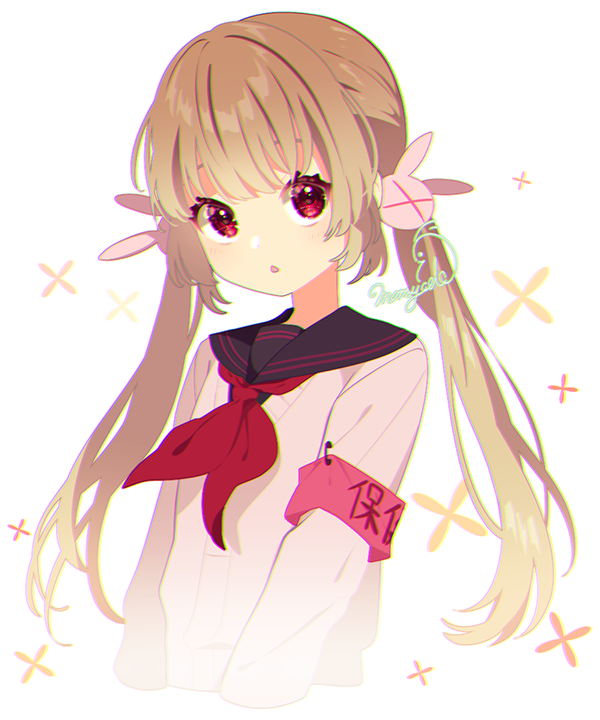 &gt;_&lt; 1girl armband black_sailor_collar blonde_hair hair_ornament long_hair long_sleeves looking_at_viewer mamyouda natori_sana neckerchief open_mouth pink_shirt rabbit_hair_ornament red_eyes red_neckerchief safety_pin sailor_collar sana_channel shirt solo twintails upper_body virtual_youtuber white_background