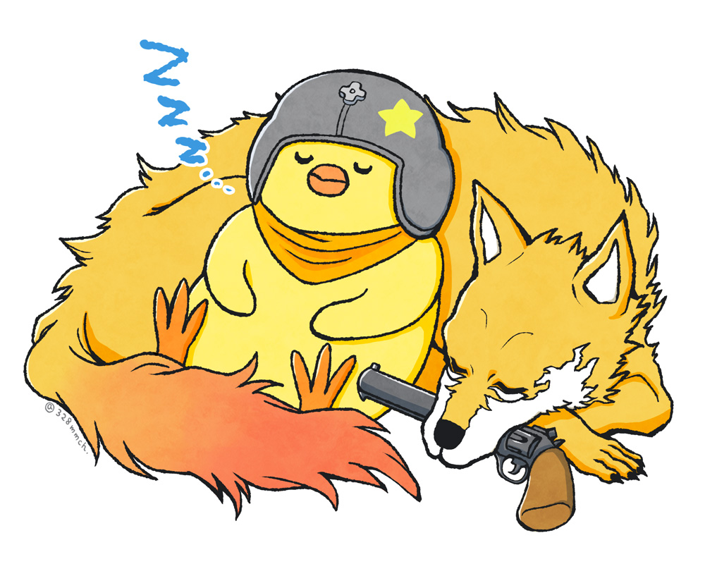 328mmch ace_combat ace_combat_7 animal animalization bird chick closed_eyes commentary fox fox_tail gun helmet lying mouth_hold nugget_(ace_combat) orange_scarf pilot_helmet resting revolver scarf sleeping tail trigger_(ace_combat) weapon