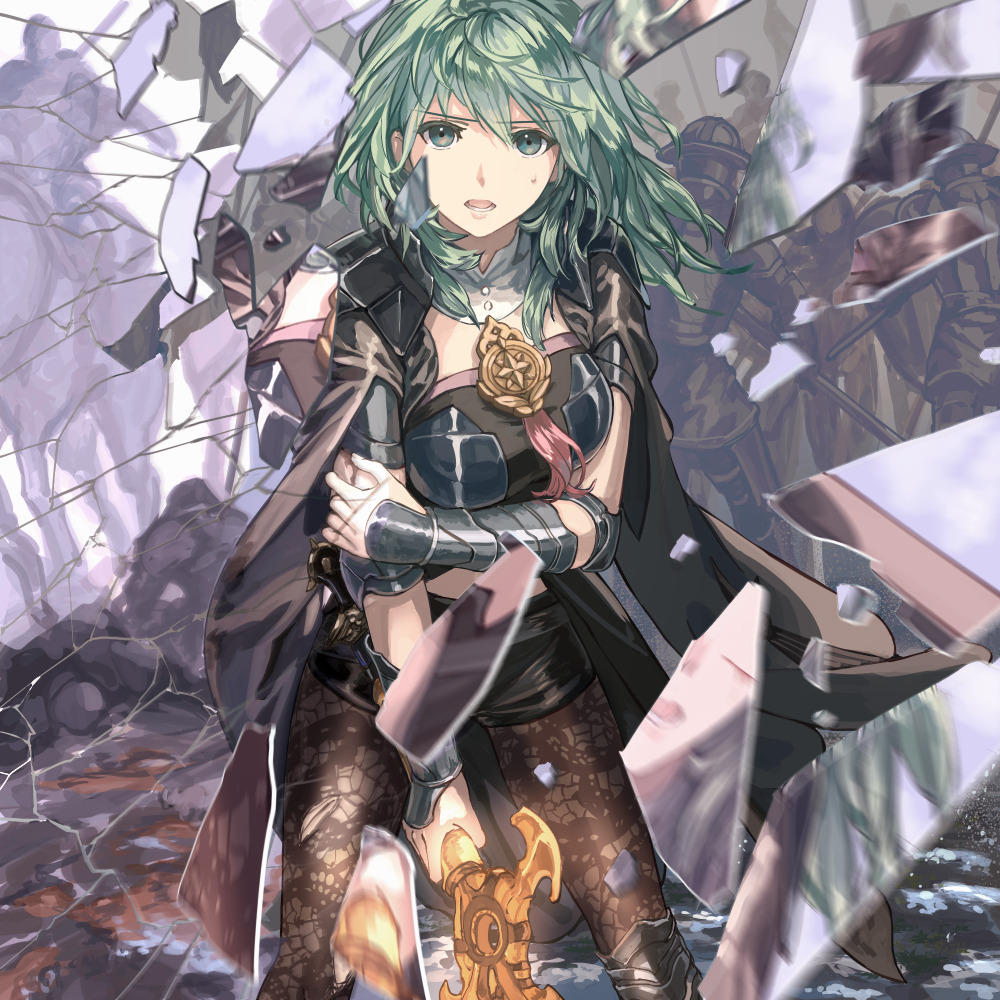 1girl armor battle breaking breasts bustier byleth_(female)_(fire_emblem) byleth_(fire_emblem) coat coat_on_shoulders fire_emblem fire_emblem:_three_houses gauntlets glass_shards green_eyes green_hair harusame_(rueken) holding holding_own_arm holding_sword holding_weapon injury long_hair looking_at_viewer medium_breasts open_mouth pantyhose patterned_legwear plate_armor solo_focus standing sweatdrop sword weapon
