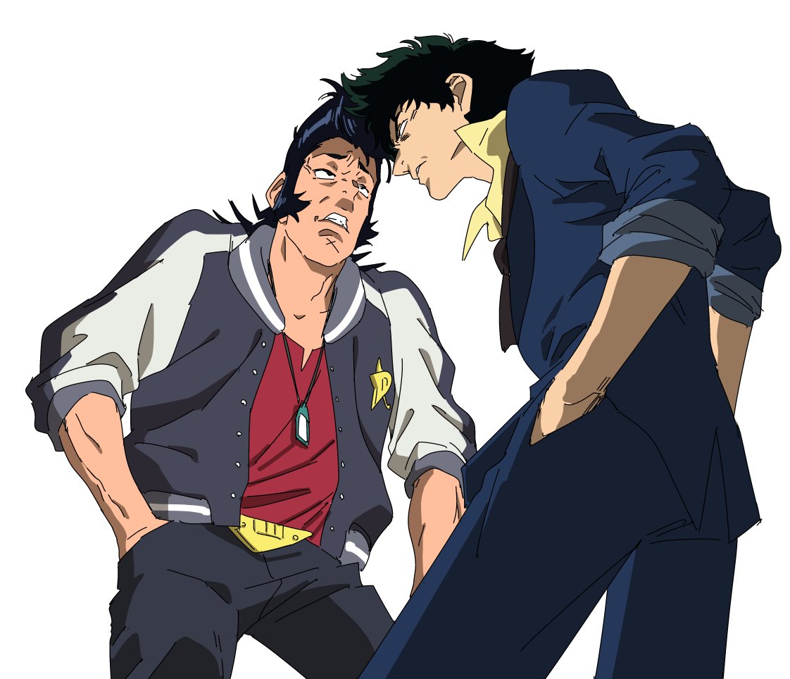 2boys anger_vein angry belt black_hair clenched_teeth cowboy_bebop creator_connection crossover dandy_(space_dandy) eye_contact hands_in_pockets jacket jinou_rakugaki letterman_jacket long_sideburns looking_at_another male_focus multiple_boys pompadour scar sideburns simple_background space_dandy spike_spiegel teeth white_background