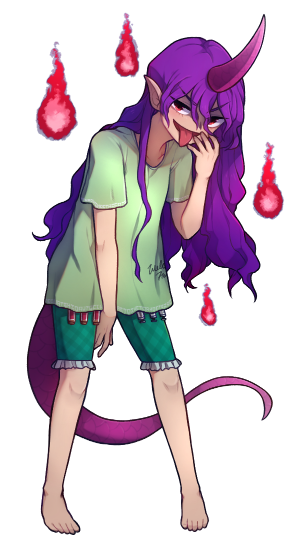 1girl barefoot full_body green_shirt green_shorts horns long_hair open_mouth purple_hair purple_horns red_eyes shirt short_sleeves shorts single_horn smirk solo speckticuls syringe tail tenkajin_chiyari test_tube tongue tongue_out touhou unfinished_dream_of_all_living_ghost