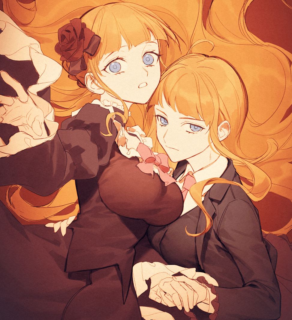 2girls aluce beatrice_(umineko) black_jacket blue_eyes bow breasts closed_mouth collared_shirt dress dual_persona floating_hair flower hair_flower hair_ornament hand_grab hand_on_another's_waist holding_hands jacket large_breasts long_hair long_sleeves looking_at_viewer multiple_girls multiple_views necktie open_clothes open_jacket orange_hair outstretched_arm outstretched_hand pink_bow pink_necktie puffy_sleeves serious shirt sidelocks simple_background umineko_no_naku_koro_ni upper_body white_shirt