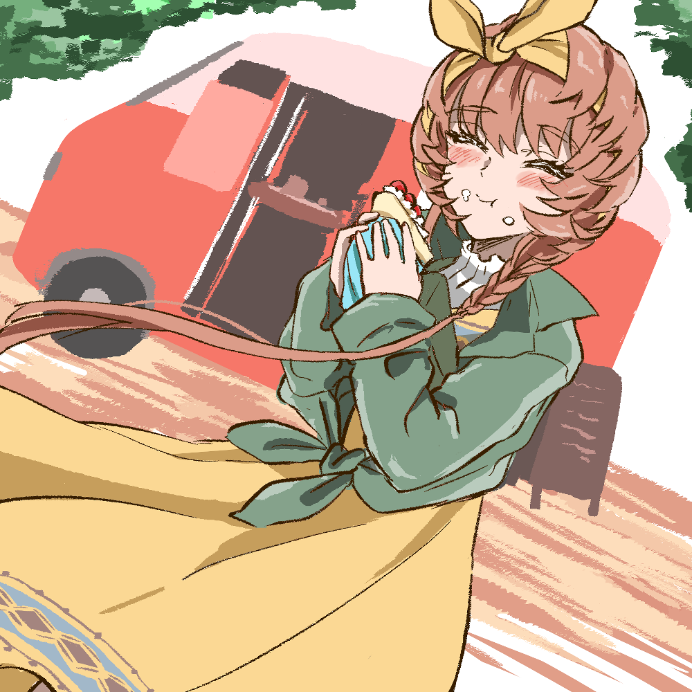 1girl blush braid brown_hair chewing closed_eyes closed_mouth crown_braid dress eating fate/grand_order fate_(series) food food_on_face green_jacket hairband holding holding_food jacket motor_vehicle official_alternate_costume shimogamo_(shimomo_12) side_braid solo tree truck van_gogh_(city_where_dreams_are_born)_(fate) van_gogh_(fate) yellow_dress yellow_hairband