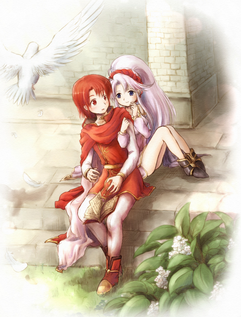 1boy 1girl arm_around_shoulder azelle_(fire_emblem) book cape cloak coat fire_emblem fire_emblem:_genealogy_of_the_holy_war full_body hetero long_hair looking_at_another ponytail red-50869 red_cape red_coat red_eyes redhead sitting smile surprised tailtiu_(fire_emblem)