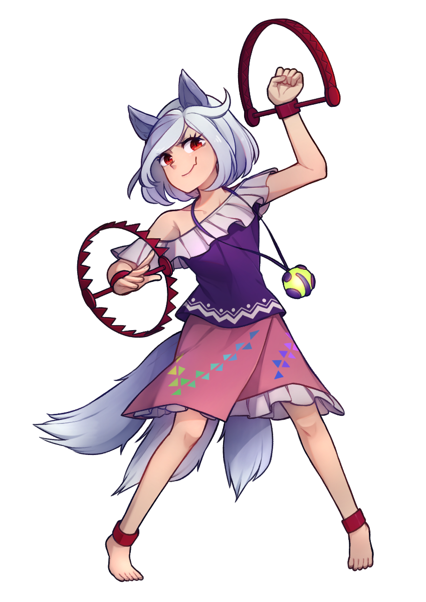 1girl animal_ears barefoot dog_ears dog_tail foothold_trap full_body grey_hair highres mitsugashira_enoko multiple_tails petticoat pink_skirt purple_shirt red_eyes shirt short_hair short_sleeves skirt solo speckticuls tail touhou transparent_background unfinished_dream_of_all_living_ghost