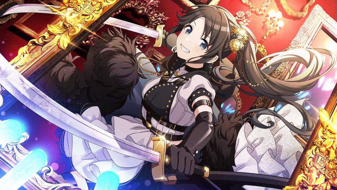 1girl animal_hair_ornament arm_garter belt black_belt black_gloves blue_eyes blush breasts brown_hair cape chain chest_guard commentary dual_wielding dutch_angle elbow_gloves frilled_cape frilled_skirt frills fur-trimmed_cape fur_trim game_cg glint gloves glowstick gold_chain grin holding holding_sword holding_weapon idolmaster idolmaster_shiny_colors long_hair looking_at_viewer mirror mitsumine_yuika no_eyewear official_art parted_bangs penlight_(glowstick) picture_frame ponytail puffy_short_sleeves puffy_sleeves saber_(weapon) shirt short_sleeves skirt small_breasts smile solo sword underbust very_long_hair weapon white_shirt white_skirt