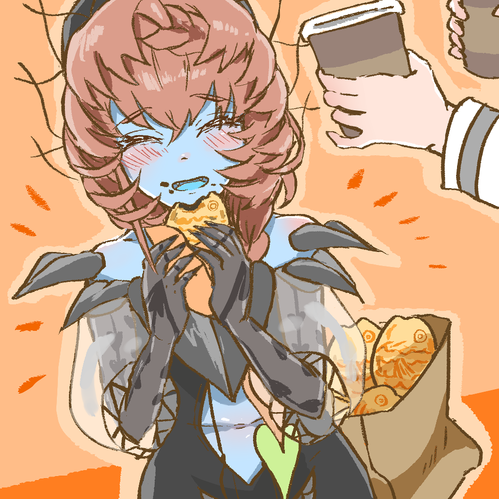 1girl 1other bag black_dress black_headwear blue_skin blue_tongue blush braid brown_bag brown_hair closed_eyes clothing_cutout coffee_cup colored_skin colored_tongue crown_braid cup disposable_cup dress eating fangs fate/grand_order fate_(series) food food_on_face heart heart_print holding holding_cup holding_food navel navel_cutout open_mouth orange_background see-through see-through_sleeves shimogamo_(shimomo_12) side_braid simple_background solo_focus taiyaki tongue van_gogh_(fate) van_gogh_(second_ascension)_(fate) wagashi