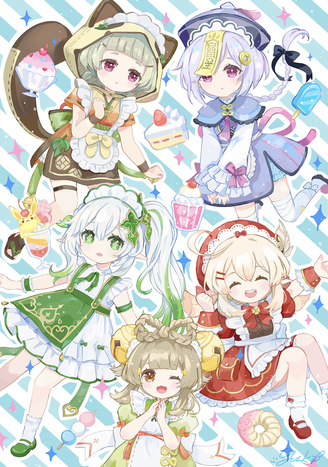5girls ;d ^_^ ahoge alternate_costume animal_ears apron bell bloomers blue_bloomers blunt_bangs bow bow-shaped_hair bowtie braid brown_hair cake capelet closed_eyes clover_print coin_hair_ornament commentary_request cupcake dango doughnut enmaided fake_animal_ears fake_tail food frilled_apron frilled_skirt frilled_sleeves frills genshin_impact gradient_hair grey_hair hair_bell hair_between_eyes hair_ornament hairclip hat hat_feather hat_ornament highres japanese_clothes jiangshi klee_(genshin_impact) leaf_hair_ornament light_brown_hair long_hair looking_at_viewer low_ponytail low_twintails maid mary_janes multicolored_hair multiple_girls nahida_(genshin_impact) ofuda one_eye_closed orange_eyes parfait parted_lips pointy_ears popsicle purple_capelet purple_hair qing_guanmao qiqi_(genshin_impact) raccoon_ears raccoon_hood raccoon_tail red_bow red_bowtie sanshoku_dango sayu_(genshin_impact) shoes short_sleeves side_ponytail sidelocks single_braid skirt sleeveless smile socks strawberry_shortcake streaked_hair symbol-shaped_pupils tail thighlet twintails two-tone_hair underwear v_arms violet_eyes wa_maid wagashi white_bloomers white_socks wrist_cuffs wristband yaoyao_(genshin_impact) yutukicom