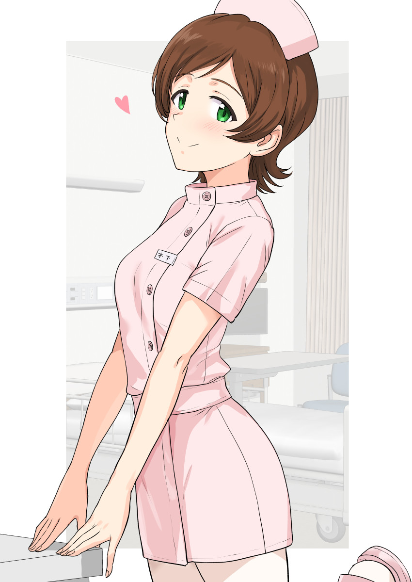 1girl bed blush breasts brown_hair ceiling chair character_name closed_mouth cowboy_shot curtains dress green_eyes hat heart highres hospital hospital_bed idolmaster idolmaster_million_live! idolmaster_million_live!_theater_days indoors kinoshita_hinata leg_up looking_at_viewer monitor name_tag nurse nurse_cap pink_dress pink_footwear pink_headwear sandals short_hair short_sleeves small_breasts smile solo standing standing_on_one_leg table tsurui