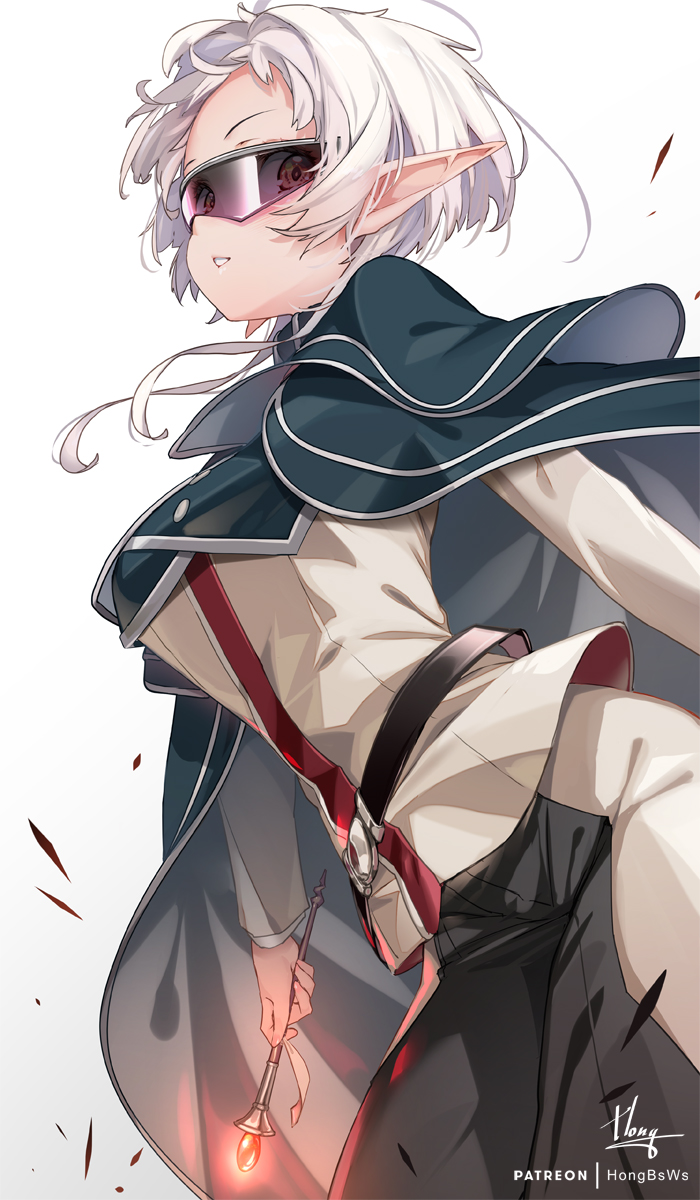 1girl blue_cape cape commentary_request gradient_background grey_background highres hong_(white_spider) looking_at_viewer medium_hair mushoku_tensei parted_lips patreon_username pointy_ears red_eyes shirt solo sunglasses sylphiette_(mushoku_tensei) white_background white_hair white_shirt