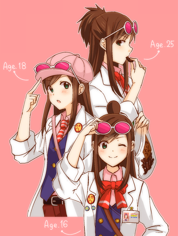3girls :o ;) ace_attorney adjusting_eyewear age_progression badge bag belt black_belt blue_vest blush bow bowtie brown_bag brown_hair brown_pants button_badge buttons closed_mouth coat collared_shirt cropped_legs dot_nose eating ema_skye english_text green_eyes half_updo hand_on_eyewear hand_on_own_hip hat_tip headwear_request kisaragi_ichigo lapels looking_at_viewer multiple_girls multiple_persona name_tag necktie one_eye_closed outline pants pink-tinted_eyewear pink_background pink_bag pink_headwear pink_shirt profile red_bow red_bowtie red_necktie shirt shoulder_bag sidelocks sleeves_rolled_up smile split_mouth striped_necktie swept_bangs tinted_eyewear topknot upper_body vest white-framed_eyewear white_coat white_outline