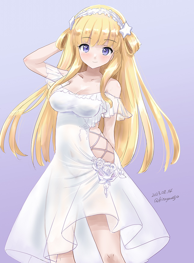 1girl blonde_hair breasts dress feet_out_of_frame fletcher_(kancolle) frilled_dress frills gradient_background grey_background hair_ornament hairband kantai_collection kitagawa_mikio large_breasts long_hair off-shoulder_dress off_shoulder official_alternate_costume one-hour_drawing_challenge solo standing star_(symbol) star_hair_ornament violet_eyes white_dress white_hairband