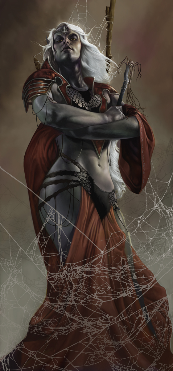 1girl bug colored_skin dark_elf dungeons_and_dragons elf grey_skin highres john_stanko lolth long_hair looking_at_viewer navel pointy_ears silk solo spider spider_web white_hair