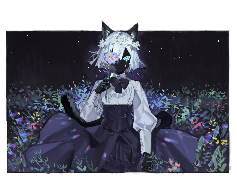 1girl animal_ears arm_at_side black_background black_bow black_bowtie black_skin black_skirt blue_eyes blue_nails border bow bowtie cat_ears cat_girl cat_tail claws colored_skin cowboy_shot crying crying_with_eyes_open field flower flower_over_eye hand_up head_wreath high-waist_skirt holding holding_flower long_sleeves looking_at_viewer nail_polish night no_eyebrows no_mouth original outdoors plant puffy_long_sleeves puffy_sleeves purple_flower shirt short_hair skirt solo starshadowmagician tail tears white_border white_flower white_hair white_shirt