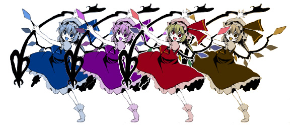 1girl alternate_color blonde_hair blue_eyes blue_hair blue_headwear blue_skirt blue_vest brown_eyes brown_hair brown_headwear brown_skirt brown_vest flandre_scarlet four_of_a_kind_(touhou) frilled_skirt frills full_body hat hat_ribbon holding holding_polearm holding_weapon laevatein_(touhou) looking_at_viewer mob_cap multicolored_wings open_mouth pink_headwear polearm puffy_short_sleeves puffy_sleeves purple_hair purple_headwear purple_skirt purple_vest red_eyes red_skirt red_vest ribbon ryuuzaki_(ereticent) short_sleeves simple_background skirt touhou vest violet_eyes weapon white_background wings