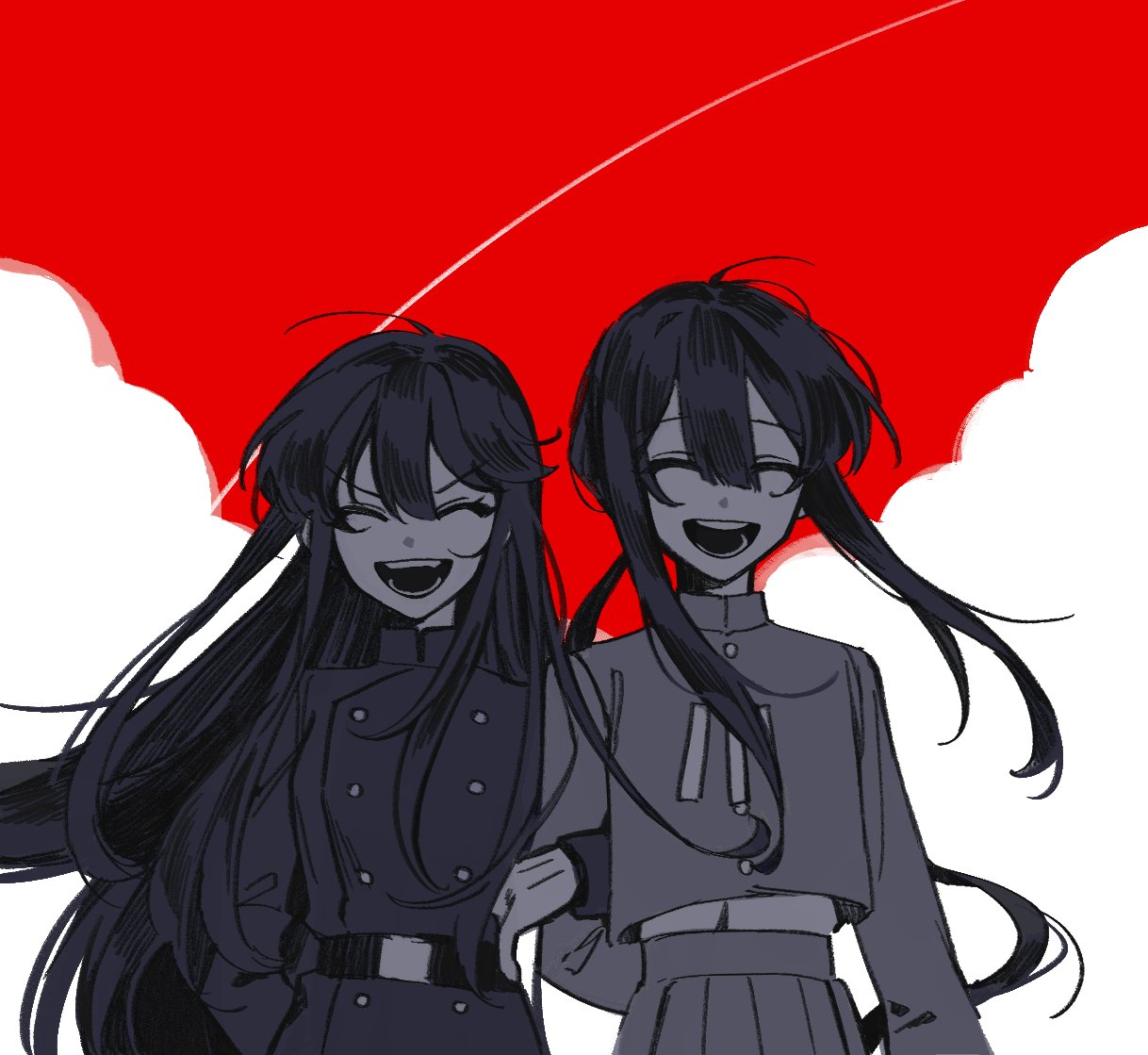 2girls ahoge belt closed_eyes clouds cloudy_sky contrail eyelashes fate/grand_order fate_(series) floating_hair genderswap genderswap_(mtf) gloves greyscale_with_colored_background hair_between_eyes holding_another's_arm long_hair military_uniform multiple_girls oda_nobukatsu_(fate) oda_nobunaga_(fate) open_mouth open_smile red_sky sempon_(doppio_note) siblings sidelocks sisters sky smile teeth uniform upper_body very_long_hair wind