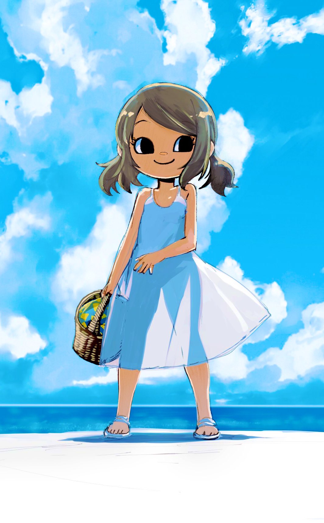 1girl basket black_eyes brown_hair clouds dress feet full_body highres muramasa_mikado original outdoors sandals see-through_silhouette short_hair sly smile solo standing sundress toes twintails white_dress