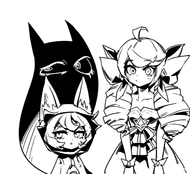2girls :o ahoge animal_ears bow closed_mouth collarbone dress dress_bow drill_hair ears_through_headwear expressionless greyscale gwen_(league_of_legends) hair_bow hood hood_up hoodie league_of_legends monochrome multiple_girls phantom_ix_row sideways_glance standing twin_drills twintails vex_(league_of_legends) vex_shadow_(league_of_legends) white_background wrist_bow yordle