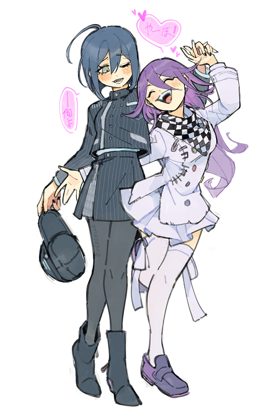2girls ahoge arm_around_waist black_footwear black_hair black_nails black_pantyhose blush breasts checkered_clothes checkered_scarf closed_eyes danganronpa_(series) danganronpa_v3:_killing_harmony dress evercelle full_body genderswap genderswap_(mtf) hair_between_eyes hat heart highres holding holding_clothes holding_hands holding_hat long_hair looking_at_another multiple_girls nail_polish oma_kokichi one_eye_closed open_mouth pantyhose pinstripe_jacket pinstripe_pattern purple_footwear purple_hair saihara_shuichi scarf short_hair simple_background sketch skirt smile speech_bubble standing standing_on_one_leg striped teeth thigh-highs thigh_strap translation_request upper_teeth_only wavy_hair white_background white_thighhighs yuri
