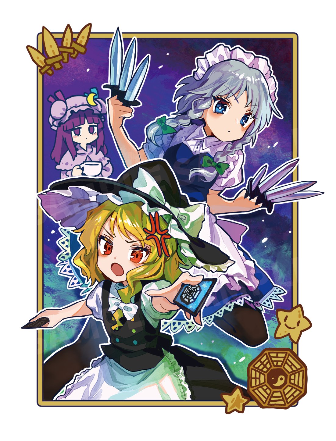 3girls ability_card_(touhou) apron black_headwear black_pantyhose black_skirt black_vest blonde_hair blue_dress blue_eyes bow braid capelet card closed_mouth collared_shirt crescent crescent_hat_ornament dress frilled_apron frills grey_hair hat hat_bow hat_ornament highres holding holding_card holding_knife howhow_notei izayoi_sakuya kirisame_marisa knife long_hair maid maid_apron maid_headdress mob_cap multiple_girls open_mouth pantyhose patchouli_knowledge puffy_short_sleeves puffy_sleeves purple_capelet purple_dress purple_hair purple_headwear red_eyes second-party_source shirt short_hair short_sleeves single_braid skirt touhou twin_braids vest violet_eyes waist_apron white_apron white_bow white_shirt witch_hat