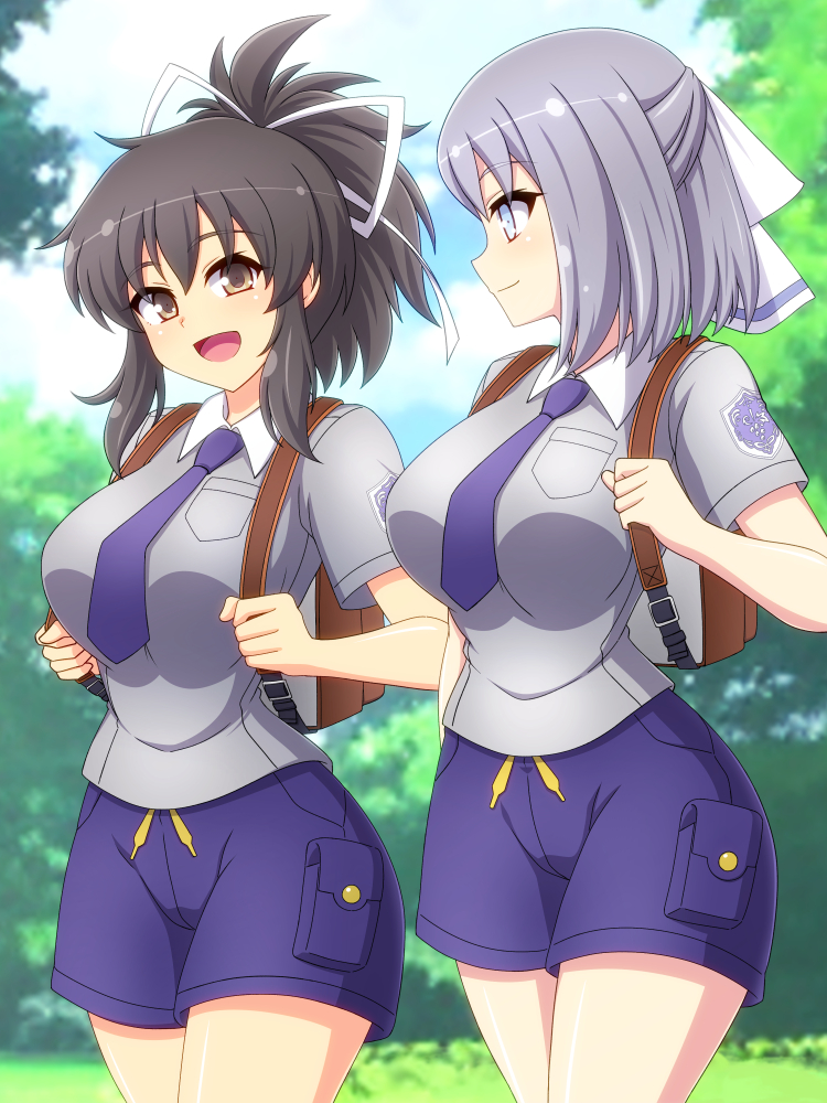 2girls :d alternate_costume asuka_(senran_kagura) backpack bag black_hair blue_eyes blue_sky blush bow breast_pocket breasts brown_bag brown_eyes closed_mouth clouds cloudy_sky collar collared_shirt cosplay day grass grey_hair grey_shirt hair_bow hair_ribbon large_breasts looking_at_another multiple_girls necktie open_mouth outdoors pants plant pocket pokemon pokemon_(game) pokemon_sv ponytail purple_necktie purple_pants purple_shorts ribbon school_uniform senran_kagura senran_kagura_shinovi_versus senran_kagura_shoujo-tachi_no_shin'ei shiny_skin shirt short_hair short_ponytail short_sleeves shorts sidelocks sky smile standing striped striped_bow tongue tree uva_academy_(emblem) uva_academy_school_uniform walking white_bow white_collar white_ribbon yumi_(senran_kagura) zetsumu