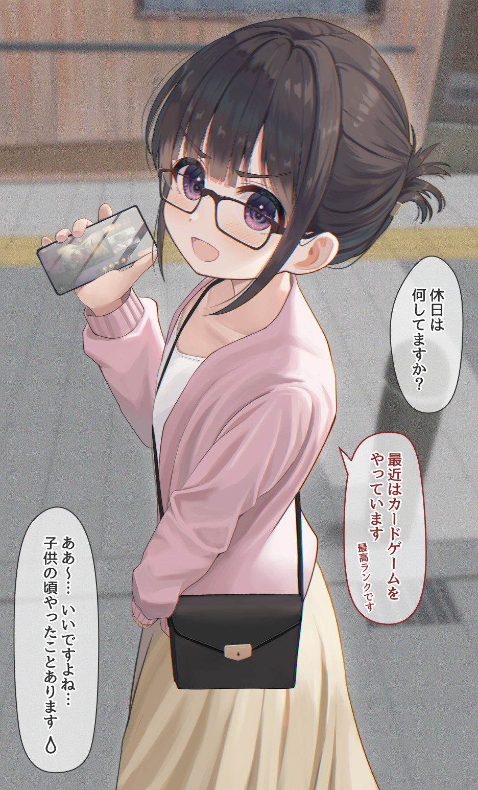 1girl :d bag black_hair blurry blurry_background brown_skirt cellphone day depth_of_field folded_ponytail from_side glasses hand_up highres holding holding_phone jacket long_sleeves looking_at_viewer looking_to_the_side mimikaki_(men_bow) open_clothes open_jacket original outdoors phone pink_jacket pleated_skirt puffy_long_sleeves puffy_sleeves shirt shoulder_bag skirt smile solo translation_request v-shaped_eyebrows white_shirt