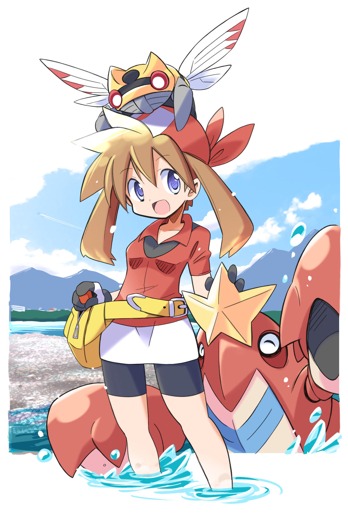 1girl :d bandana black_shorts blue_sky brown_hair clouds crawdaunt fanny_pack gloves highres looking_at_viewer may_(pokemon) ninjask on_head open_mouth partially_submerged pokeblock pokemon pokemon_(creature) pokemon_(game) pokemon_on_head pokemon_rse rascal red_bandana red_shirt shirt shorts sky smile violet_eyes water