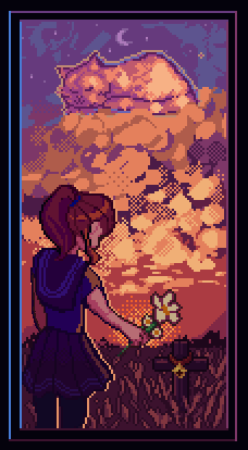 1990s_(style) 1girl animal_collar cat clouds collar comfy crescent crescent_moon cross field flower hill landscape lilian_duleroux lowres moon nature night night_sky outdoors pet pixel_art retro_artstyle scenery sky solo star_(sky) starry_sky tombstone twilight