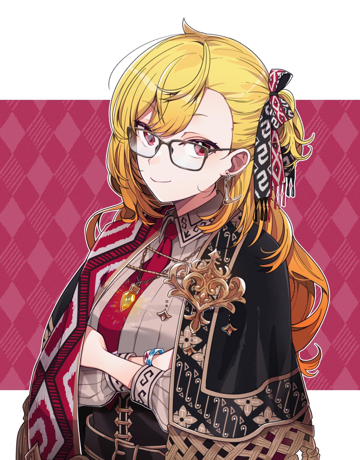 1girl blonde_hair bracelet cloak crossed_arms earrings glasses hair_ribbon highres hololive hololive_indonesia jewelry kaela_kovalskia kaela_kovalskia_(3rd_costume) long_hair mitsumine_(ookami_no_oyashiro) necklace necktie official_alternate_costume official_alternate_hairstyle one_side_up pendant red_eyes red_necktie ribbon smile solo upper_body virtual_youtuber