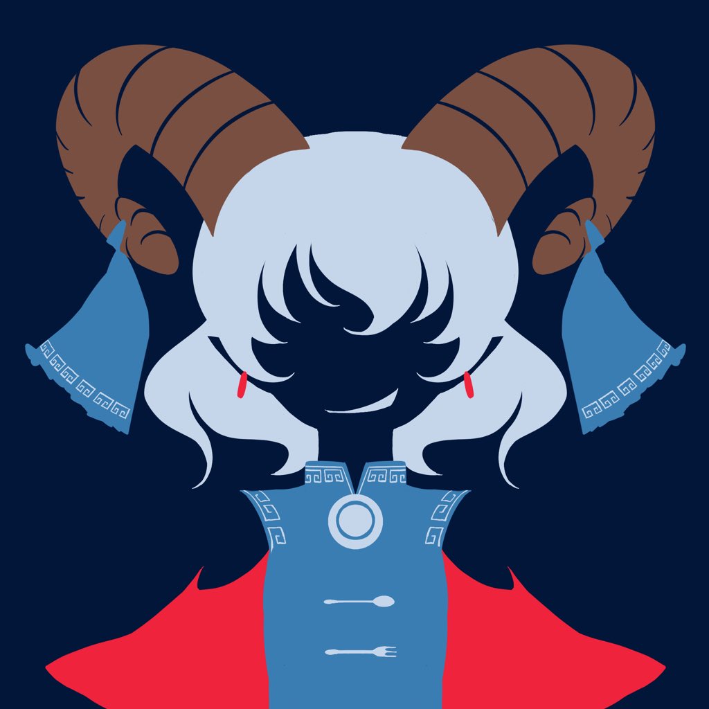 1girl blue_dress detached_sleeves dress earrings fork grey_hair grin horn_ornament horn_ribbon horns jewelry maskin_mei meandros minimalism patterned_clothing plate pointy_ears red_horns red_sleeves ribbon sheep_horns smile solo spoon touhou toutetsu_yuuma utensil