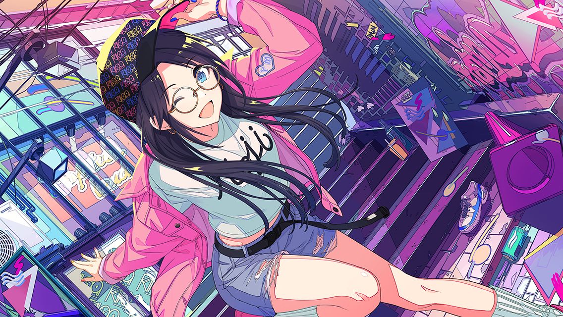 1girl alley baseball_cap belt black_belt black_hair blue_eyes bracelet breasts can cel_shading clothes_writing commentary day denim denim_shorts dutch_angle earrings feet_out_of_frame game_cg glasses graffiti hat holding holding_clothes holding_hat idolmaster idolmaster_shiny_colors jacket jewelry leaning_forward long_hair looking_at_viewer midriff_peek mitsumine_yuika multicolored_clothes multicolored_headwear official_art one_eye_closed open_clothes open_jacket open_mouth parted_bangs patch pink_jacket pink_nails purple_nails round_eyewear shirt shorts sign small_breasts smile socks solo stairs standing standing_on_one_leg storefront t-shirt torn_clothes torn_shorts traffic_cone white_shirt white_socks window