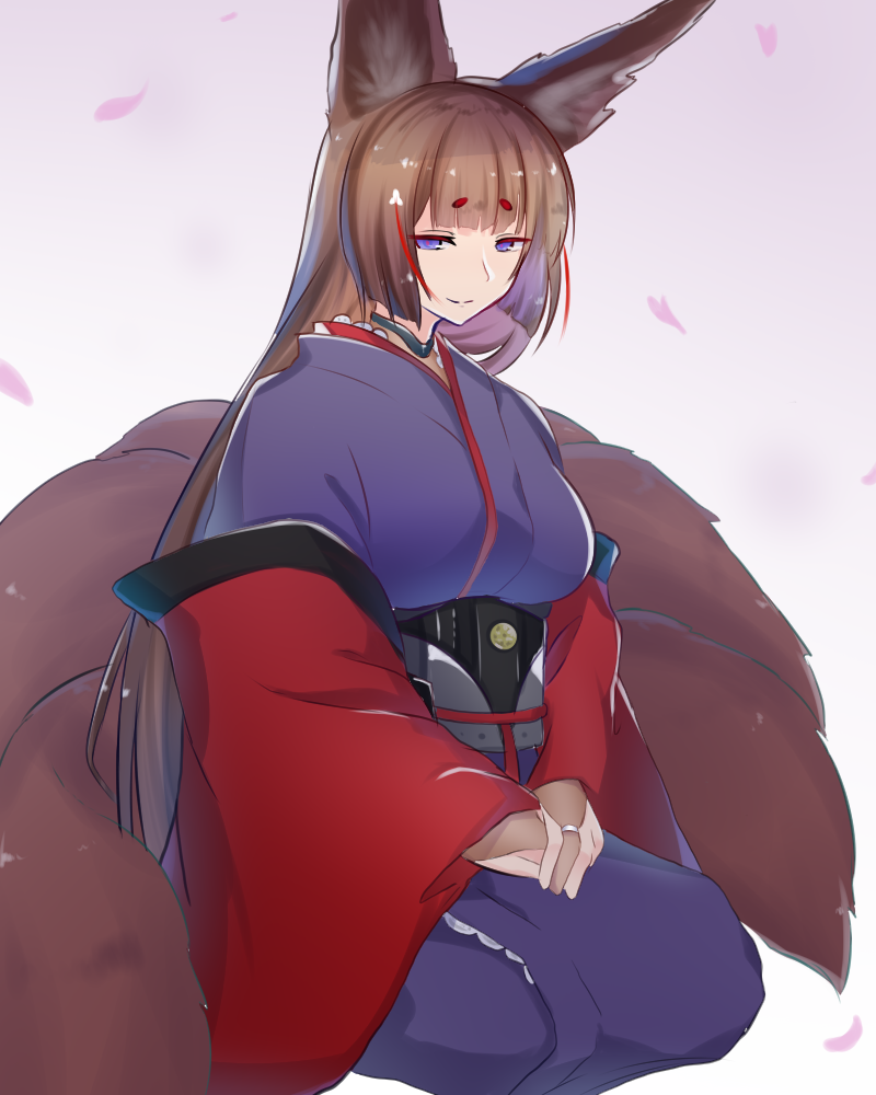 1girl amagi_(azur_lane) animal_ears azur_lane blue_eyes blue_kimono blunt_bangs breasts brown_hair cherry_blossoms closed_mouth commentary_request fox_ears fox_girl fox_tail hair_ornament inabashi_yukoma japanese_clothes kimono kitsune light_smile long_hair long_sleeves looking_at_viewer multiple_tails obi petals sash sitting solo tail very_long_hair wide_sleeves