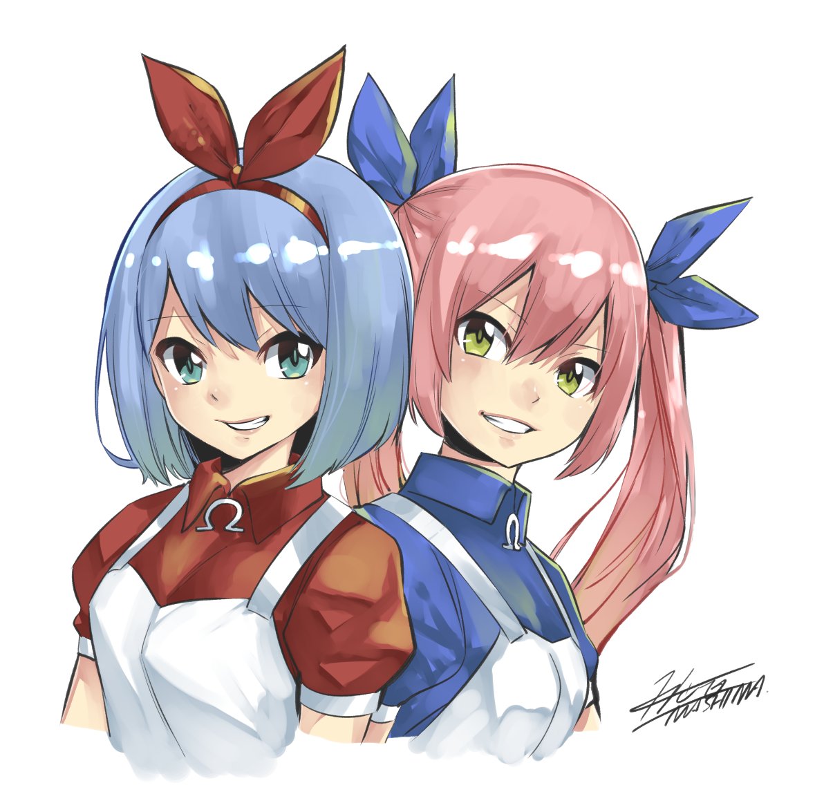 2girls aqua_eyes artist_name blue_dress blue_hair blue_ribbon collared_dress colored_shadow dress earrings hair_ribbon jewelry looking_at_viewer mashima_hiro multiple_girls omega_rei omega_rio omega_sisters parted_lips pink_hair puffy_short_sleeves puffy_sleeves red_dress red_ribbon ribbon shadow short_sleeves siblings signature sisters smile twintails upper_body v-shaped_eyebrows virtual_youtuber white_dress yellow_eyes