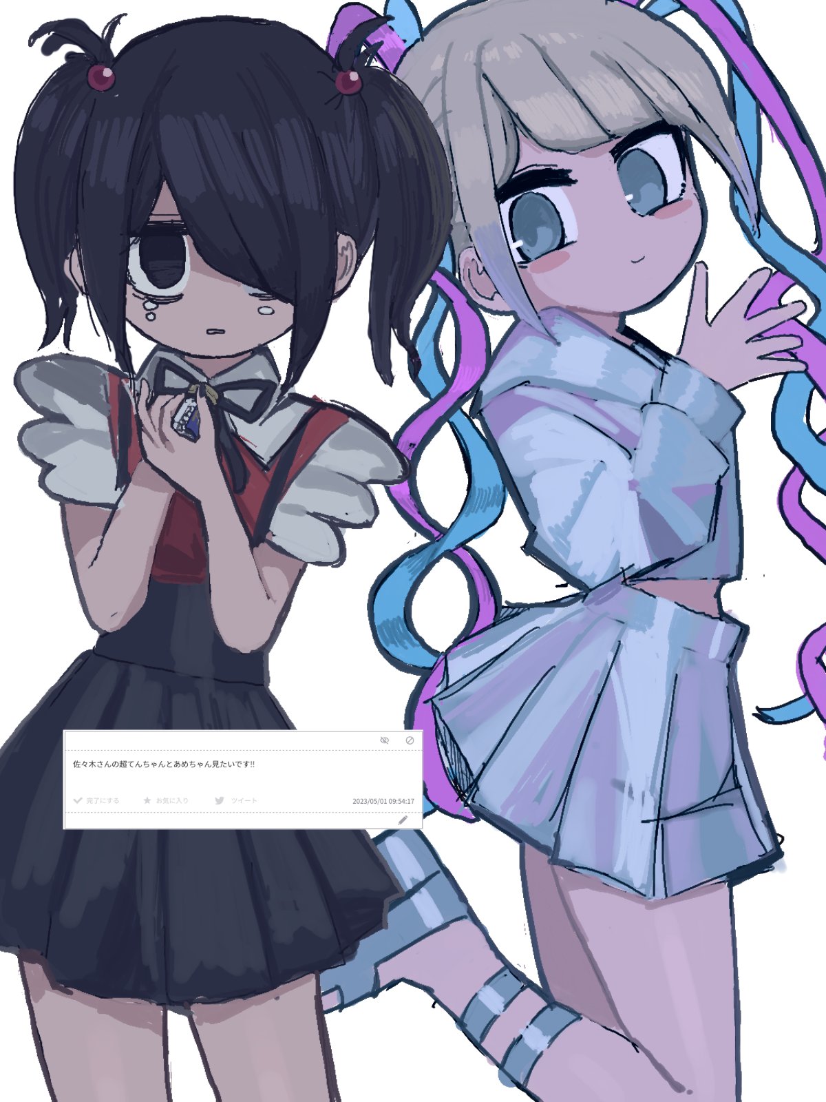 2girls ame-chan_(needy_girl_overdose) black_eyes black_hair black_ribbon black_skirt blonde_hair blue_eyes blue_footwear blue_hair blue_shirt blue_skirt chouzetsusaikawa_tenshi-chan closed_mouth collar collared_shirt commentary_request dual_persona hair_ornament hair_over_one_eye hair_tie hand_up hands_up highres jirai_kei long_hair long_sleeves looking_at_viewer multicolored_hair multiple_girls neck_ribbon needy_girl_overdose open_mouth own_hands_together pink_hair platform_footwear pleated_skirt quad_tails red_shirt ribbon sailor_collar sasa_ki_(resupuburika) school_uniform serafuku shirt shirt_tucked_in simple_background skirt smile standing standing_on_one_leg suspender_skirt suspenders tears twintails very_long_hair white_background white_collar x_hair_ornament