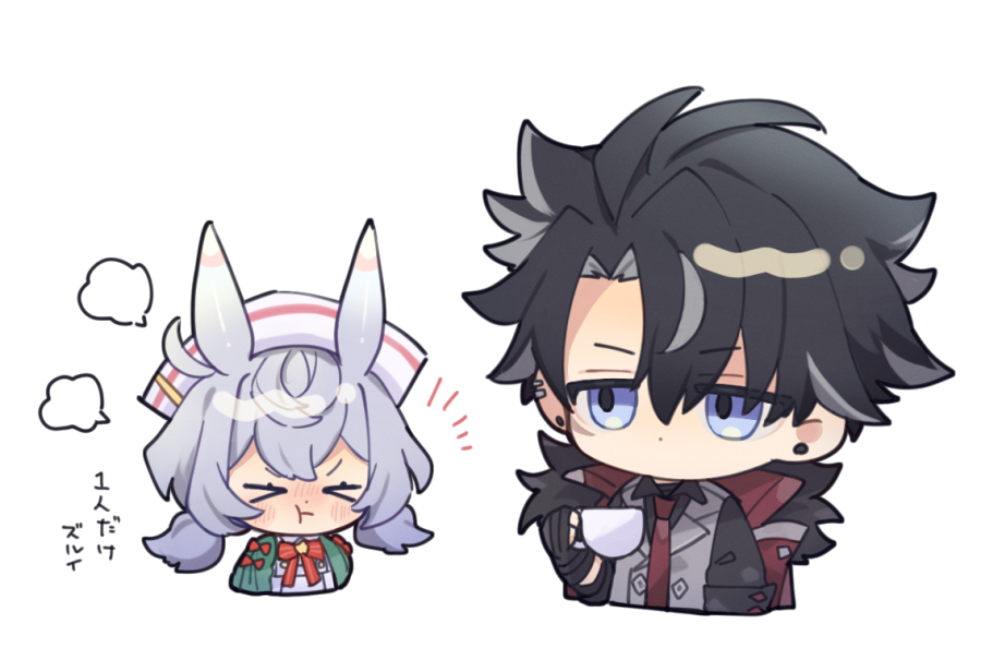 1boy 1girl ahoge animal_ears black_hair blue_eyes chibi closed_eyes closed_mouth coat cup earrings fur-trimmed_coat fur_trim genshin_impact grey_vest holding holding_cup jewelry koma_(km_mmmk) necktie no_eyes no_mouth red_necktie red_ribbon ribbon sigewinne_(genshin_impact) translation_request upper_body v-shaped_eyebrows vest white_hair white_headwear wriothesley_(genshin_impact)